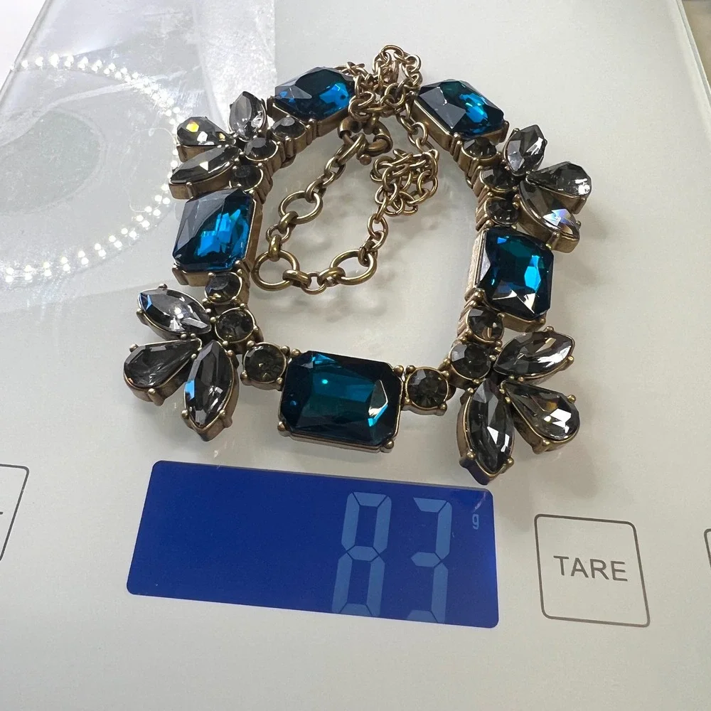 J.Crew Blue Smoky Grey Crystal Statement Bib Necklace Antiqued Brass Tone 18